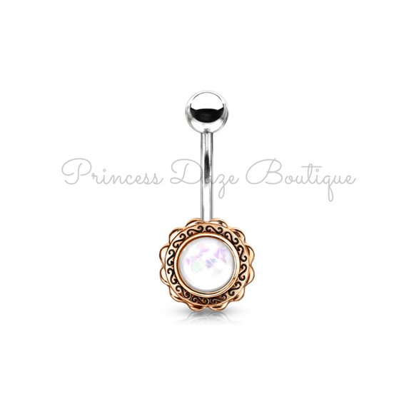 Rose Gold Filigree Flower with‎ White Opal Glitter Center Belly Button Ring - Picture 1 of 1